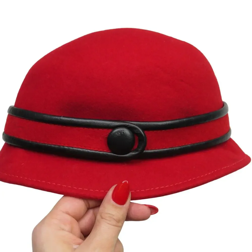 1970s Vintage Broner Vintage Red Bowler Hat Chic Red Wool Hat with Black Button